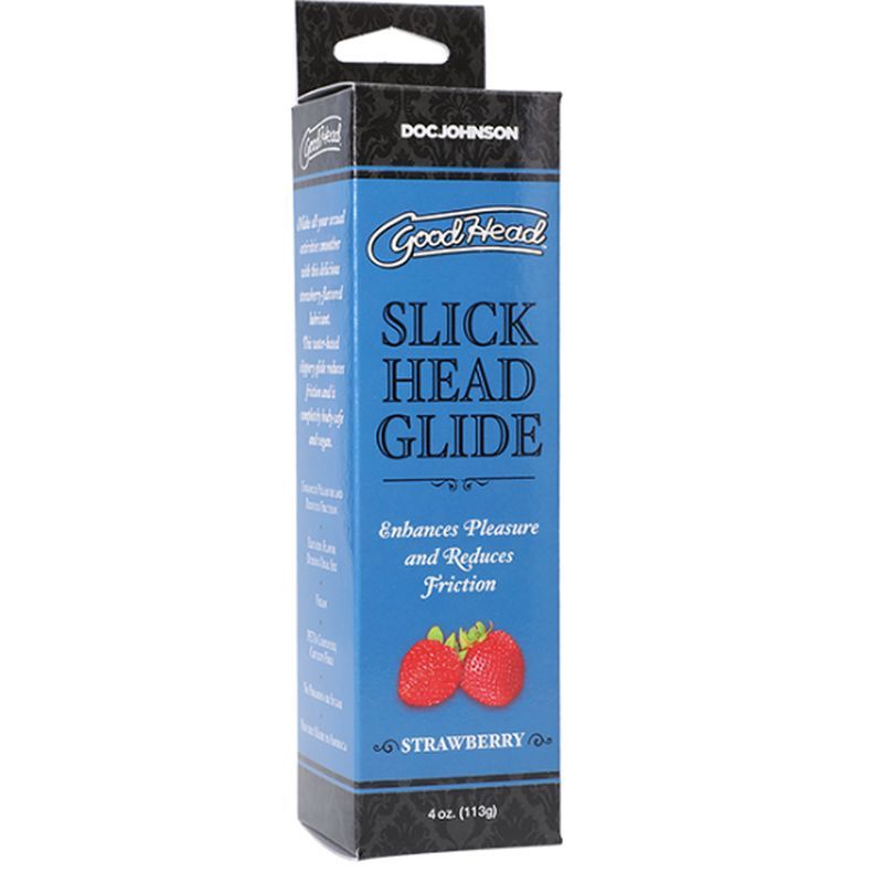 GoodHead Slick Head Glide Strawberry 4 oz/113g packaging with strawberries, enhancing pleasure and reducing friction.