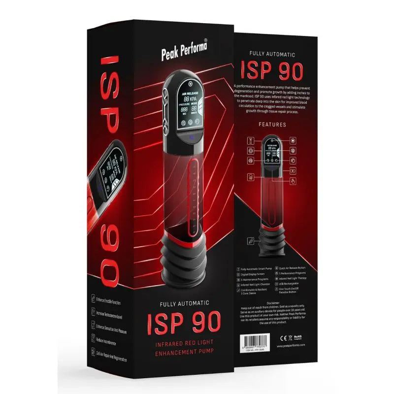 Affordable quality ISP90 Curve Infrared Automatic LCD Penis Pump Red  from Peak Performa by Discreet Intimate Essentials with Discreet Delivery 