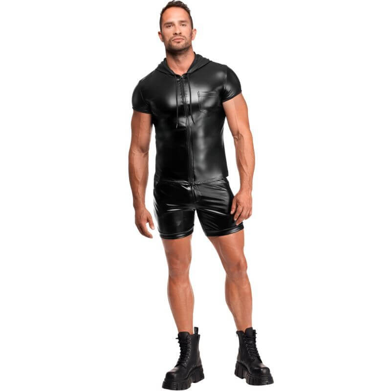 Vexen Hooded T Shirt in sleek powerwetlook fabric, delivering a striking silhouette with a fitted hood and front zipper.