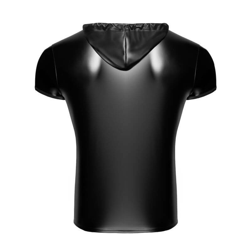 Vexen Hooded T Shirt back view in sleek powerwetlook fabric, designed for confident presence and striking silhouette.