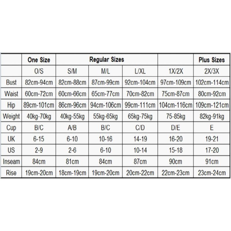 Size chart for after dark 3 pc garter set black with measurements for one size, regular sizes, and plus sizes.