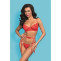 Cherry Kiss 3 Pc Garter Set Red featuring red lace garter set, sculpting bra, garter belt, and thong on model.