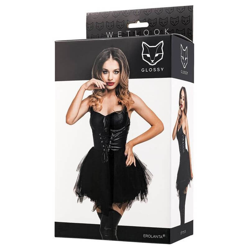 Glossy Elisia Noir Wetlook Dress packaging featuring a model wearing the dress with corset bodice and layered tulle skirt.