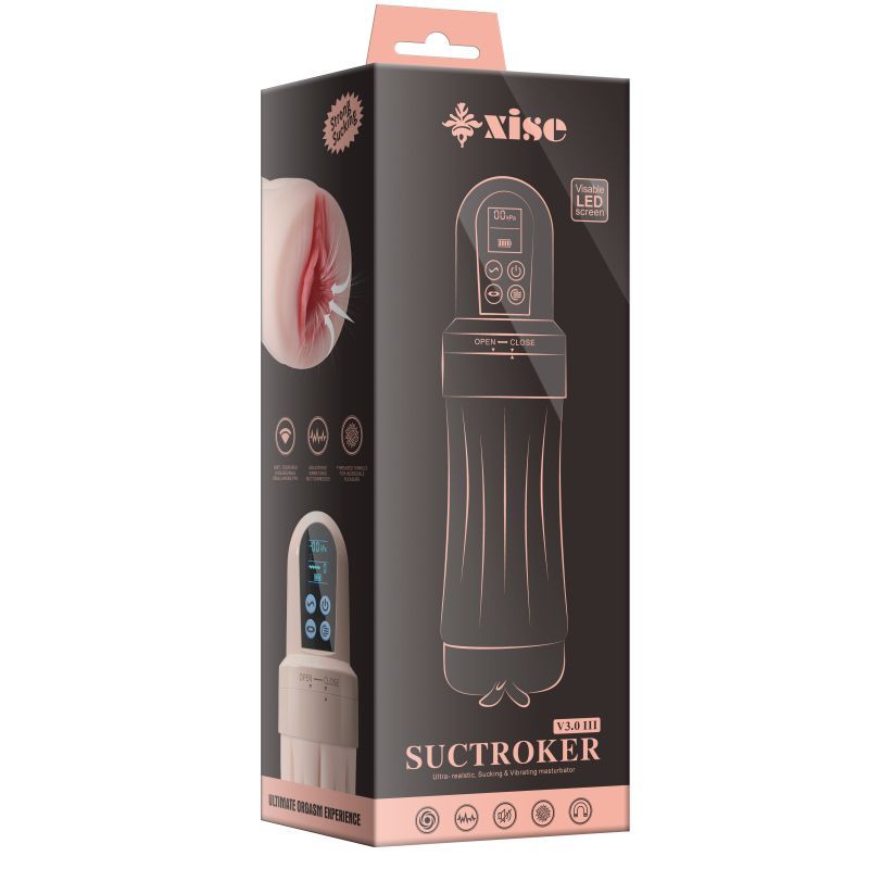 Suctroker Dual Density Vibrating Sucking Vaginal Masturbator V3 packaging showcasing features and design.