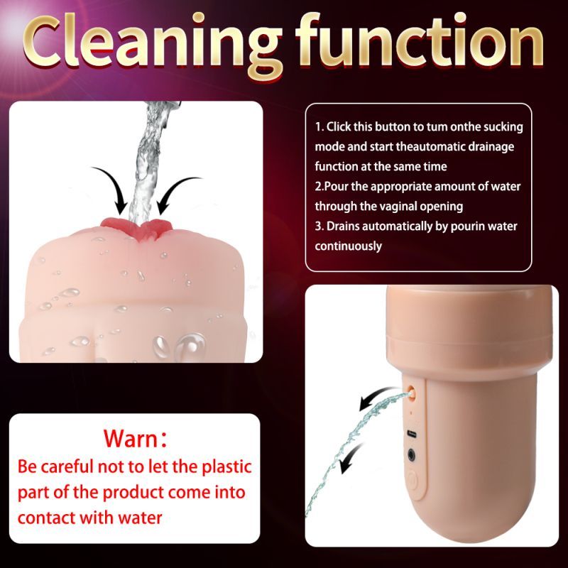 Cleaning function for Suctroker Dual Density Vibrating Sucking Vaginal Masturbator V3 with instructions and warning.
