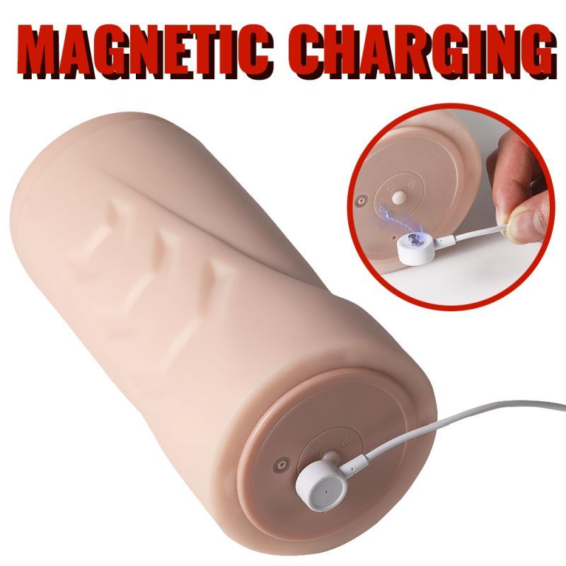 Magnetic charging feature of a dual density vibrating sucking vaginal masturbator, showcasing detailed close-up.