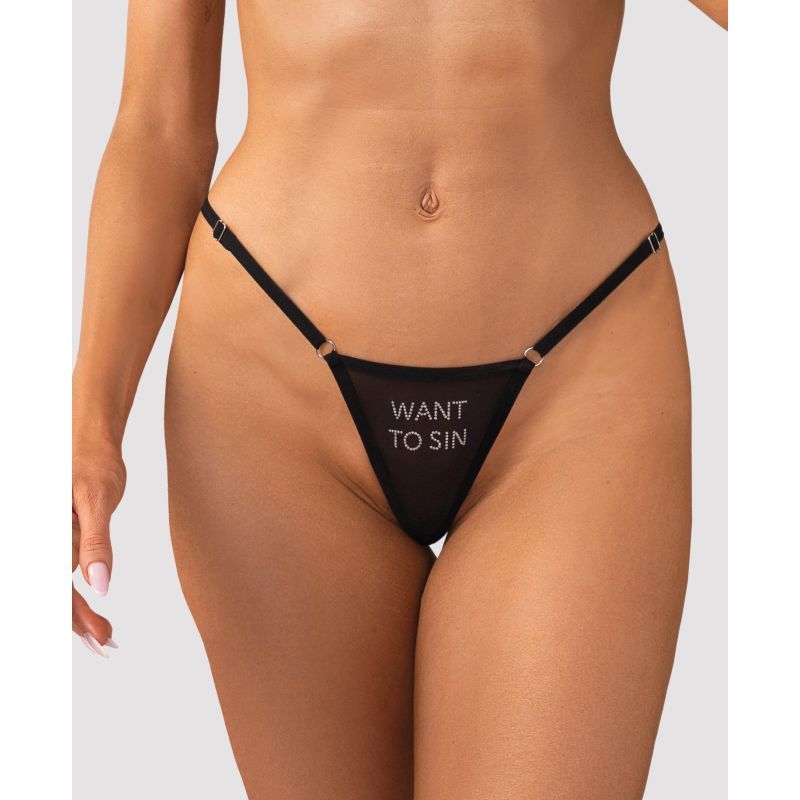 Sheer black mesh thong featuring rhinestone detailing and adjustable straps for a provocative look.