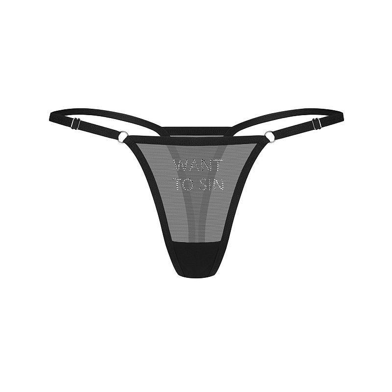 sheer black mesh thong with rhinestone detail and adjustable straps for a provocative look.