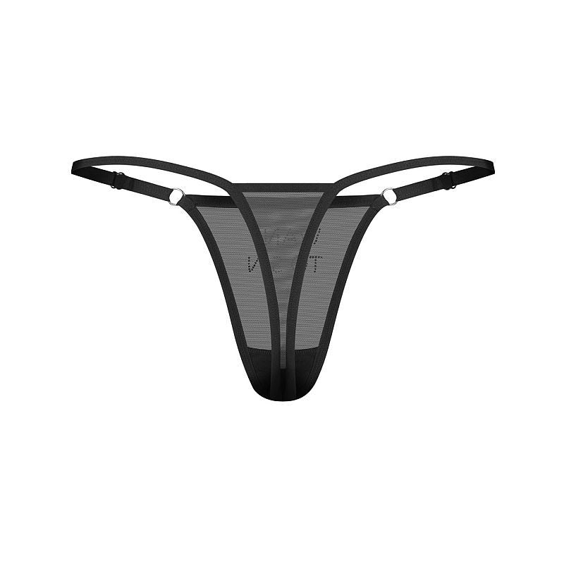 sheer black mesh thong with adjustable side straps and rhinestone accents, designed for maximum attitude.