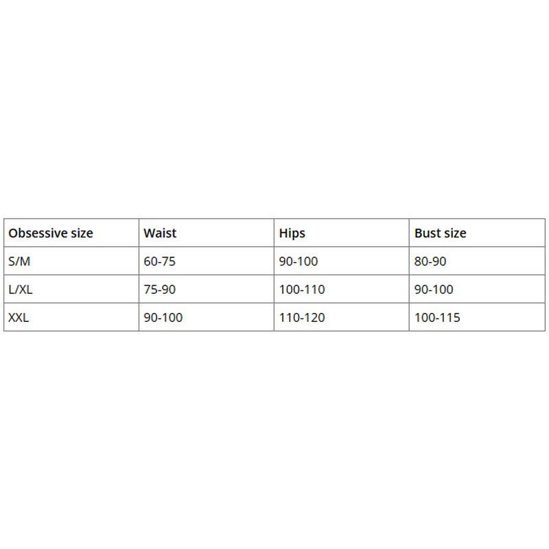 Size chart for Obsessive lingerie showing waist, hips, and bust measurements for different sizes.