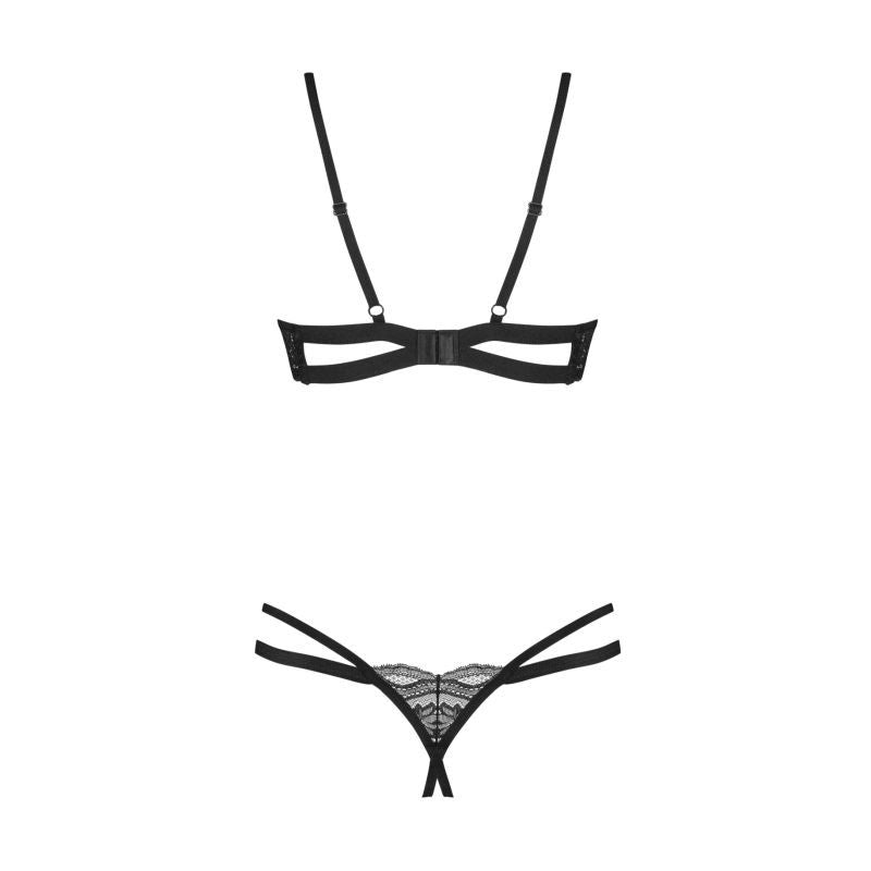 Nutris 2 Pc Crotchless Bra Panty Set showcasing a daring black lace underwired bra and provocative thong, designed for confidence.