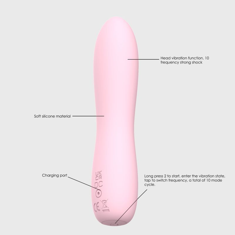 Pink silicone bullet massager with soft silicone material, 10 strong vibration modes, and charging port.