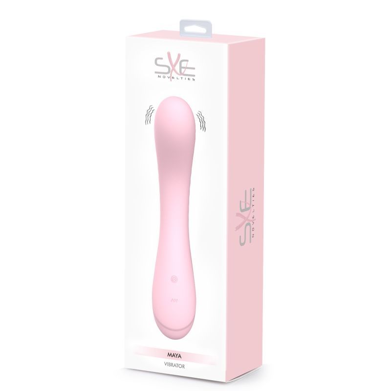 Maya Curve Silicone Vibrator Pink in packaging, ideal for intimate essentials for her and pleasure.