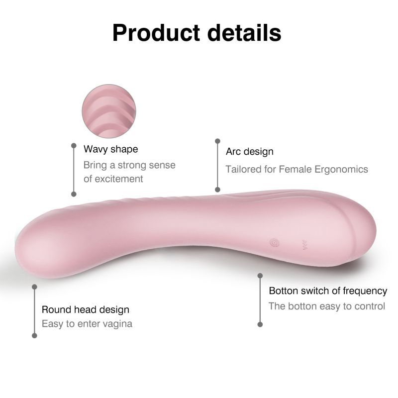 Maya Curve Silicone Vibrator Pink product details showcasing wavy shape, arc design, and round head design for pleasure.