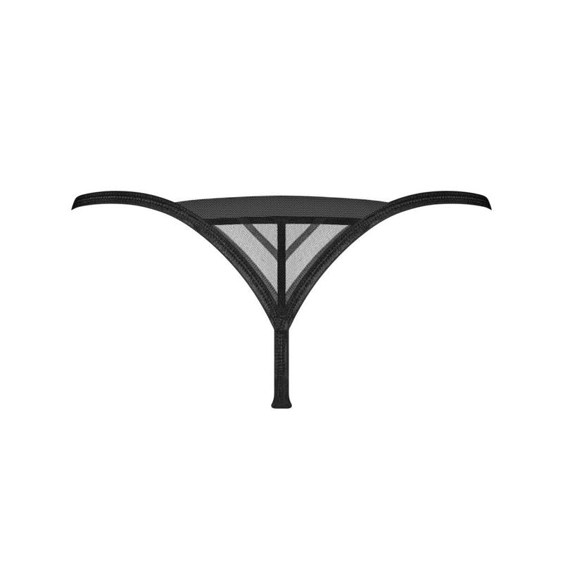 Lune Bellis black thong featuring a V-shaped design with transparent mesh and elastic trim for comfort and allure.