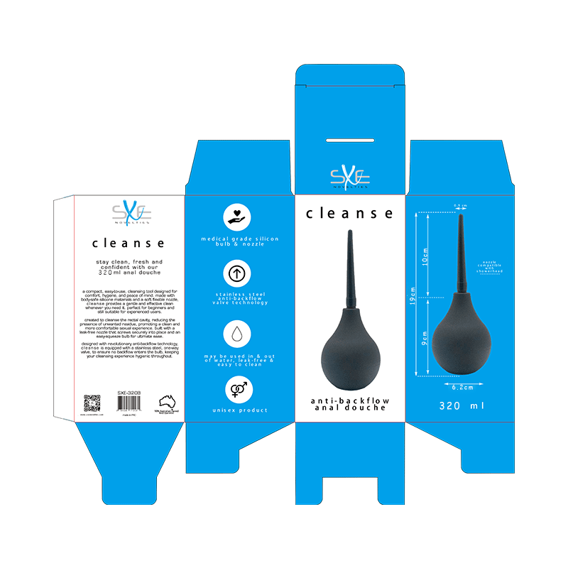 Packaging for Silicone Anti-Backflow Douche 320ml, featuring a sleek design and instructions for use.
