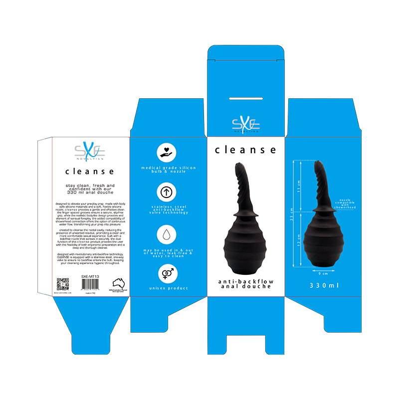 Silicone ribbed anti-backflow anal douche packaging with instructions and product information in a vibrant blue design.