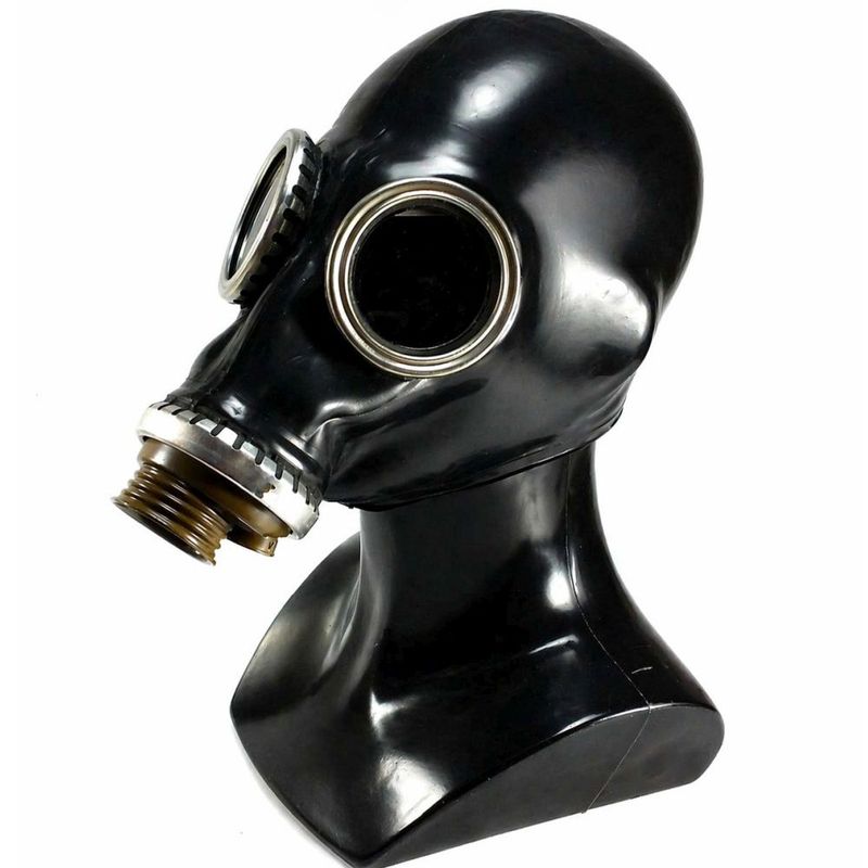 Classic GP5 NATO Vintage Rubber Gas Mask displayed on a bust, featuring a black rubber design and dual optical lenses.