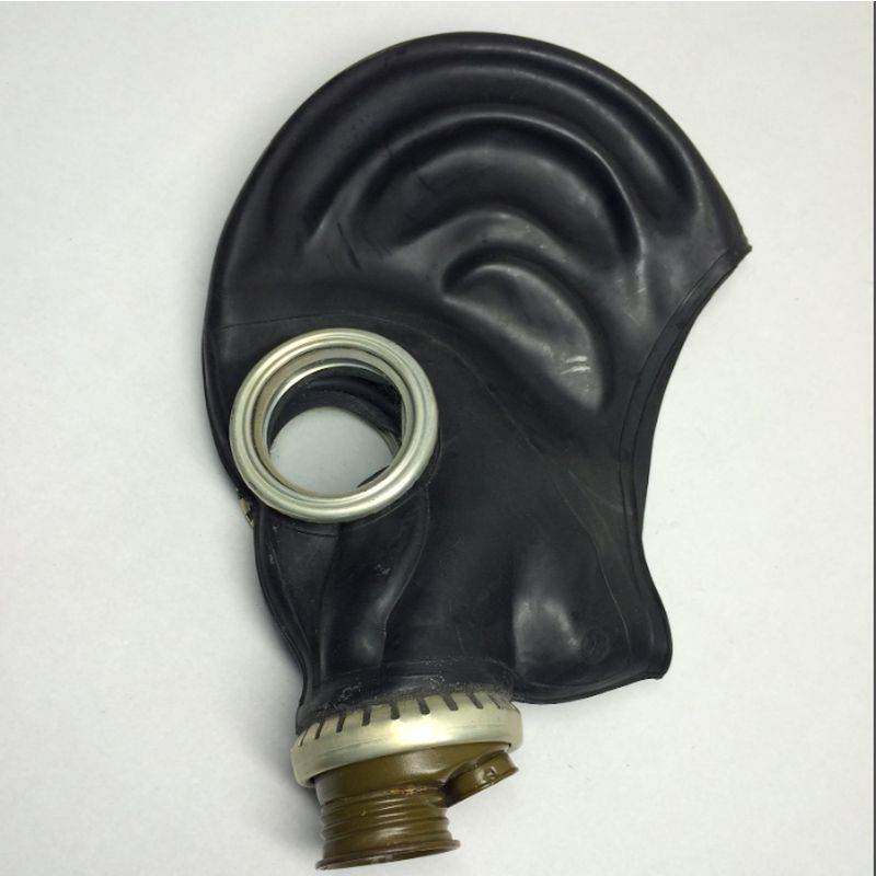 Classic GP5 NATO Vintage Rubber Gas Mask side view with optical lens connector, original 1980s unused condition.