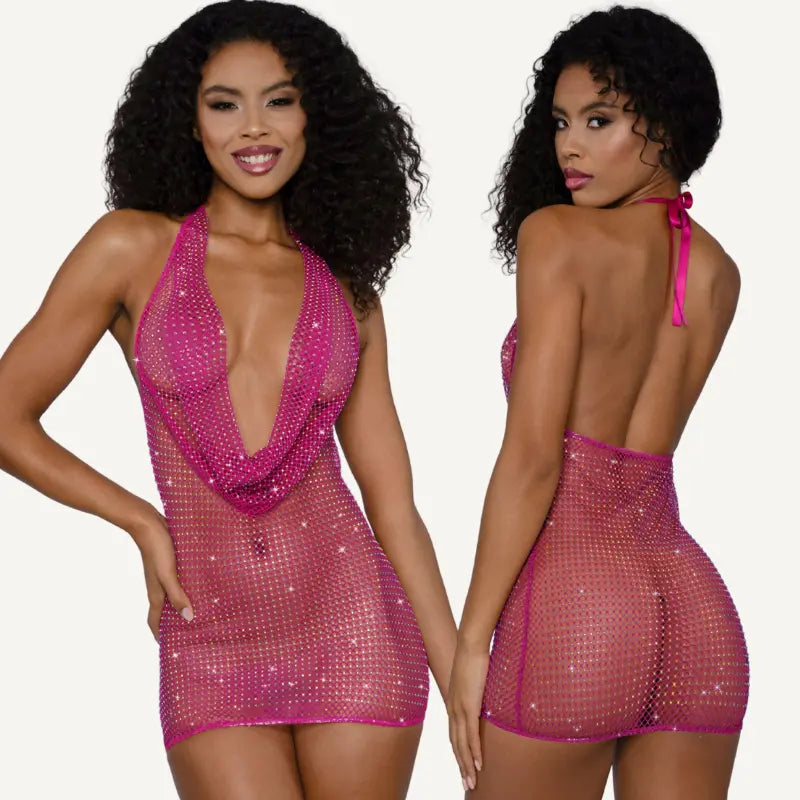 DreamGirl Rhinestone Cowl Neck Mini Dress Pink Dreamgirl Discreet Intimate Essentials.