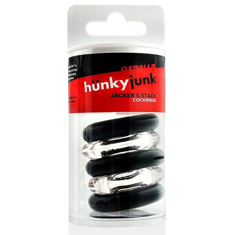 Jacker Stack 5 Pc Strong Cock Ring Clear Black by Hunkyjunk from Discreet Intimate Essentials for  Adult Toys, quality products at discount affordable prices.