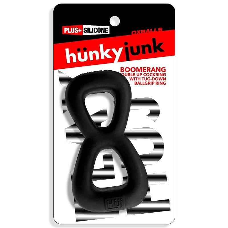 Boomerang Double Cockring Ball Stretcher Black by Hunkyjunk from Discreet Intimate Essentials for  Adult Toys, quality products at discount affordable prices.