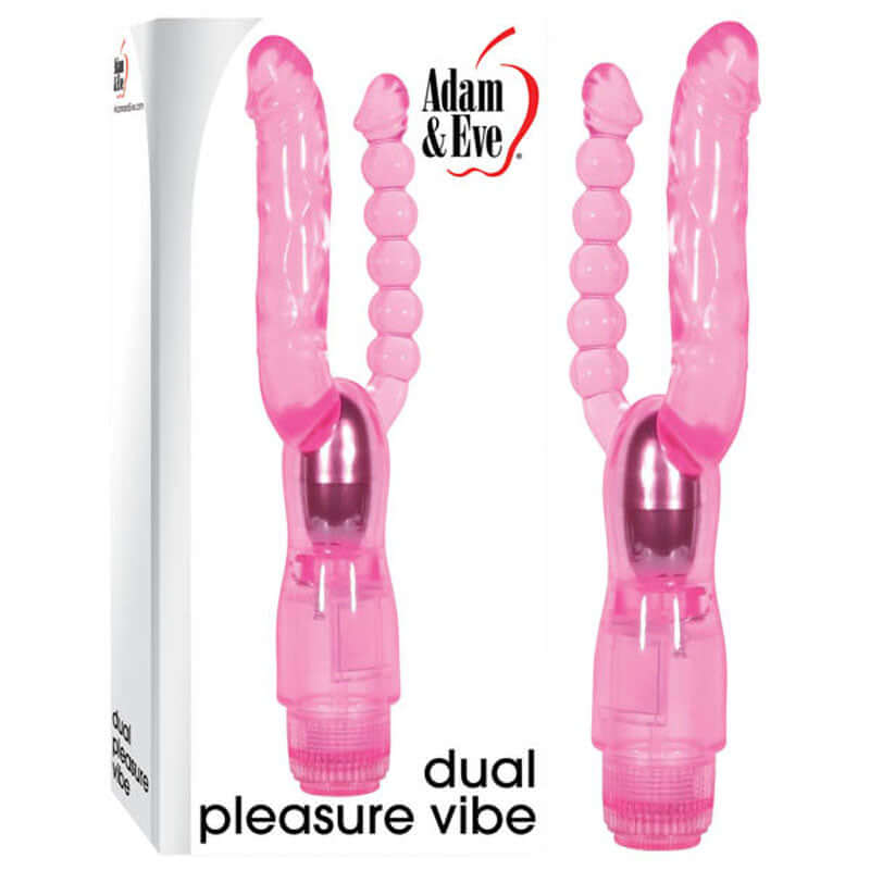 Adam & Eve Dual Pleasure Vibe, a 12 cm dual pleasure vibrator with anal probe, showcasing vibrant pink design and multi-speed vibrations.