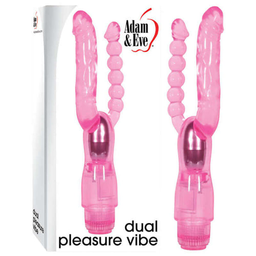 Adam & Eve Dual Pleasure Vibe, a 12 cm dual pleasure vibrator with anal probe, showcasing vibrant pink design and multi-speed vibrations.