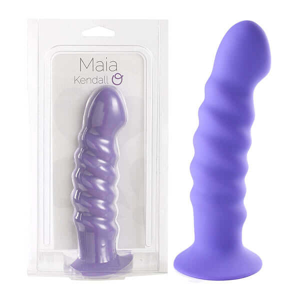 Maia Kendall luxury silicone suction cup dong in purple with swirled pattern and strong suction base.