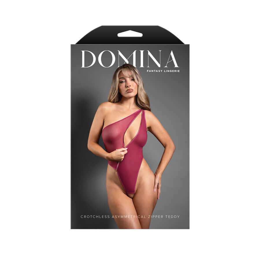 DOMINA Crotchless Asymmetrical Zipper Teddy in Berry color on display with model showcasing design features.