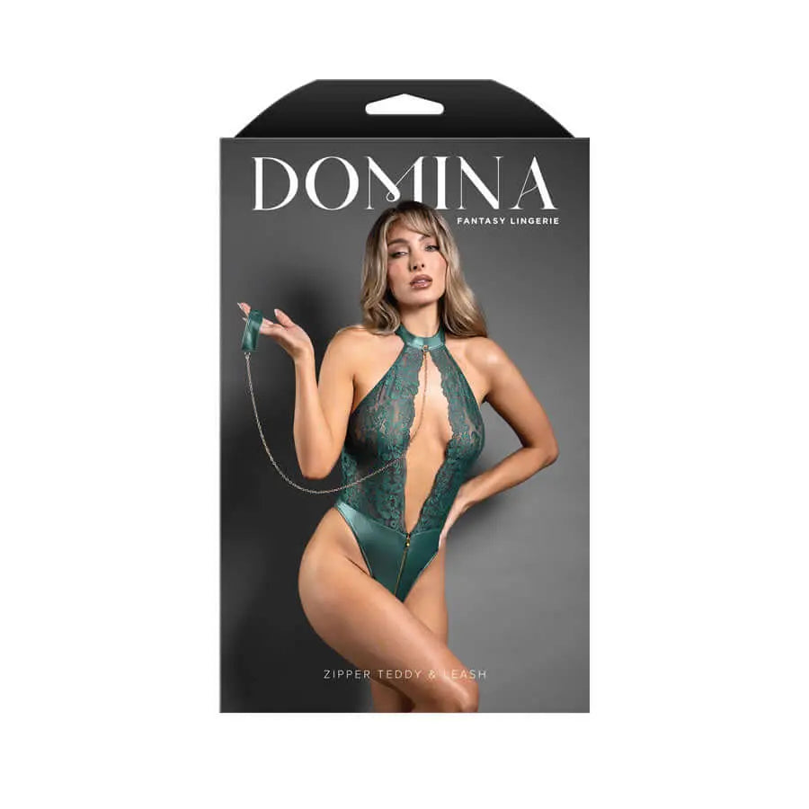 DOMINA Zipper Teddy & Leash - M/L - Pine  - M/L Size Fantasy Lingerie Discreet Intimate Essentials.