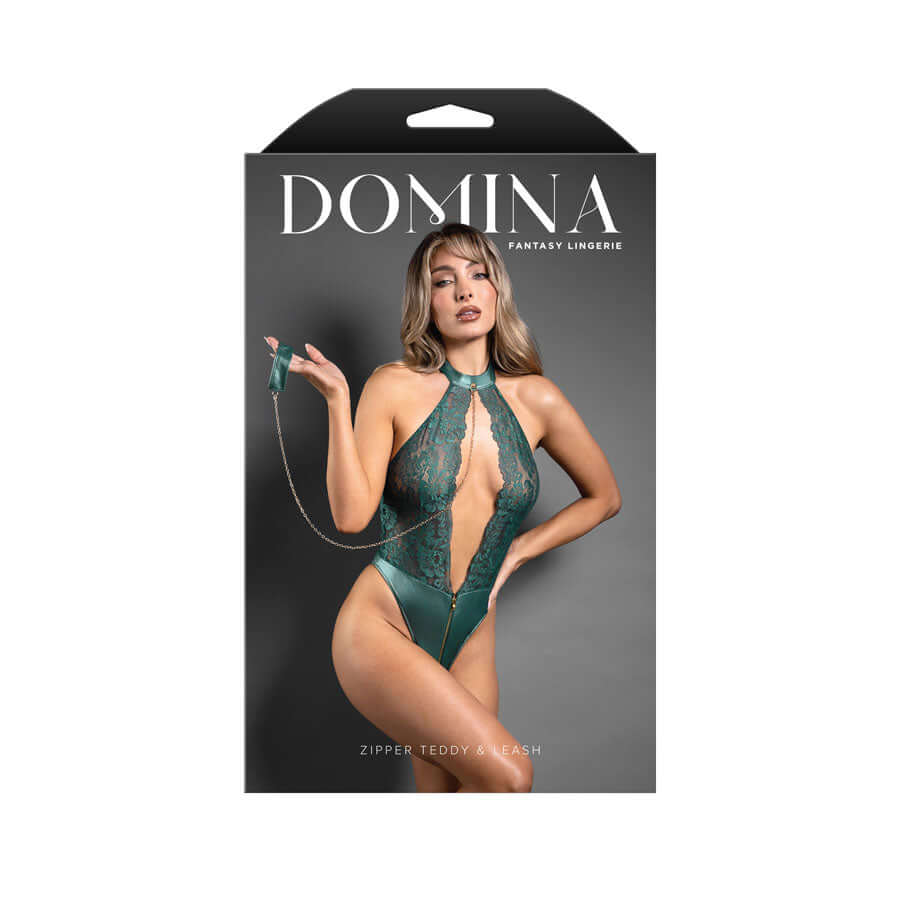 DOMINA Zipper Teddy & Leash packaging showcasing a model in a pine green keyhole halter teddy with leash - zipper teddy with leash.