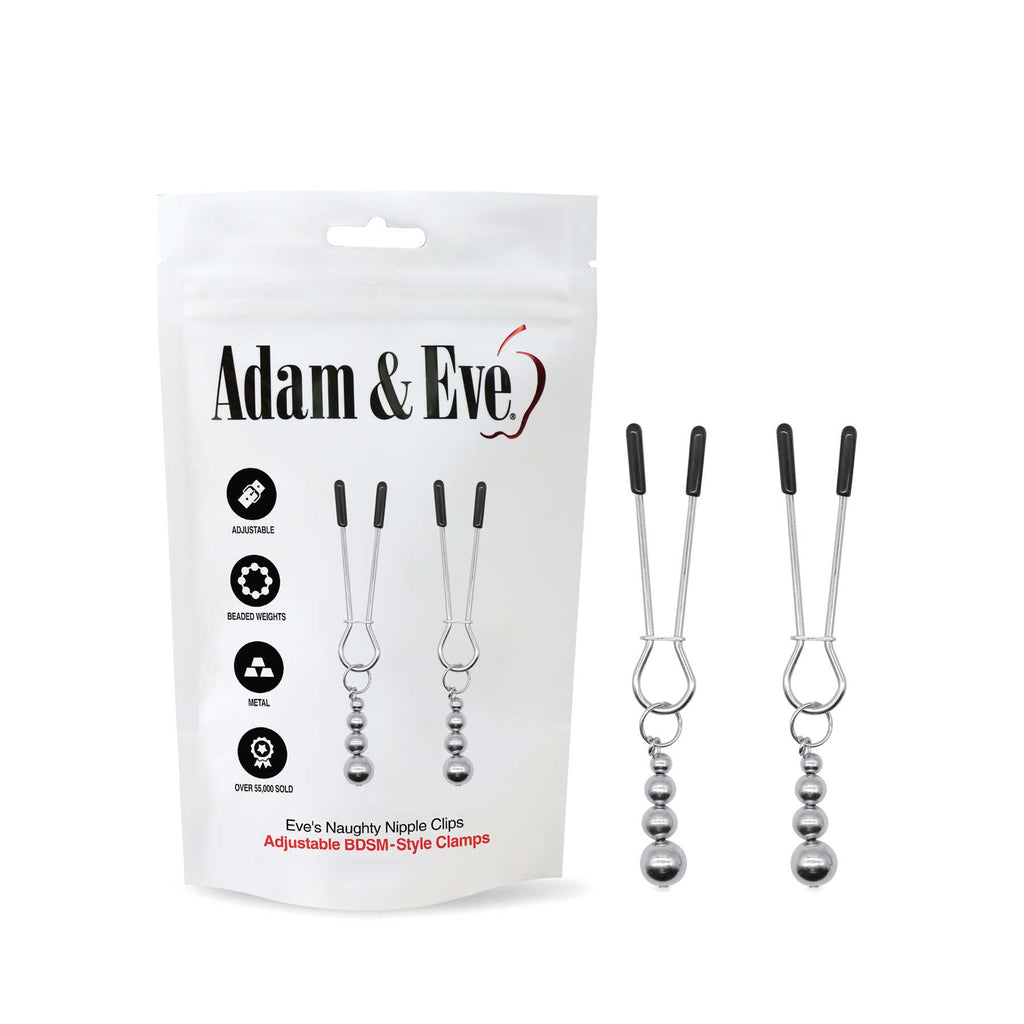 Adam & Eve Eve's Naughty Nipple Clips - Set of 2, adjustable BDSM-style clamps with metal beads for intense stimulation.