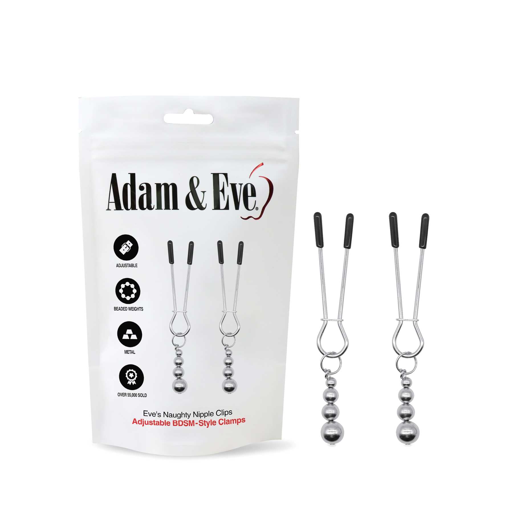 Adam & Eve Eve's Naughty Nipple Clips - Set of 2, adjustable BDSM-style clamps with metal beads for intense stimulation.