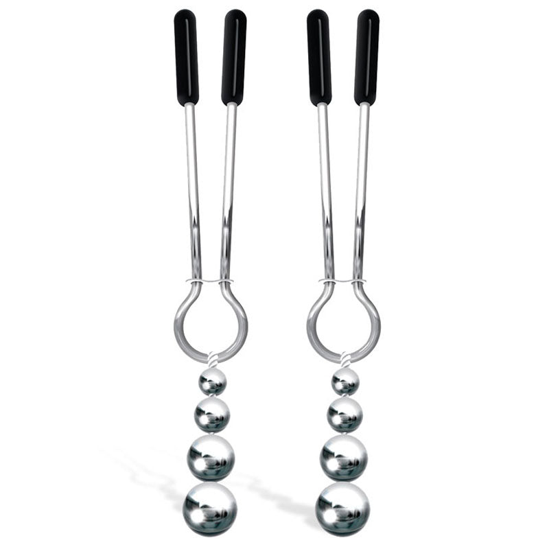 Adam & Eve Eve's Naughty Nipple Clips - Set of 2 with black rubber tips and metal beads for stimulation.