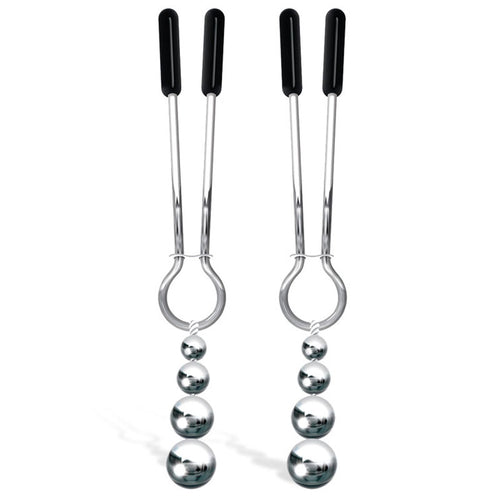 Adam & Eve Eve's Naughty Nipple Clips - Set of 2 with black rubber tips and metal beads for stimulation.