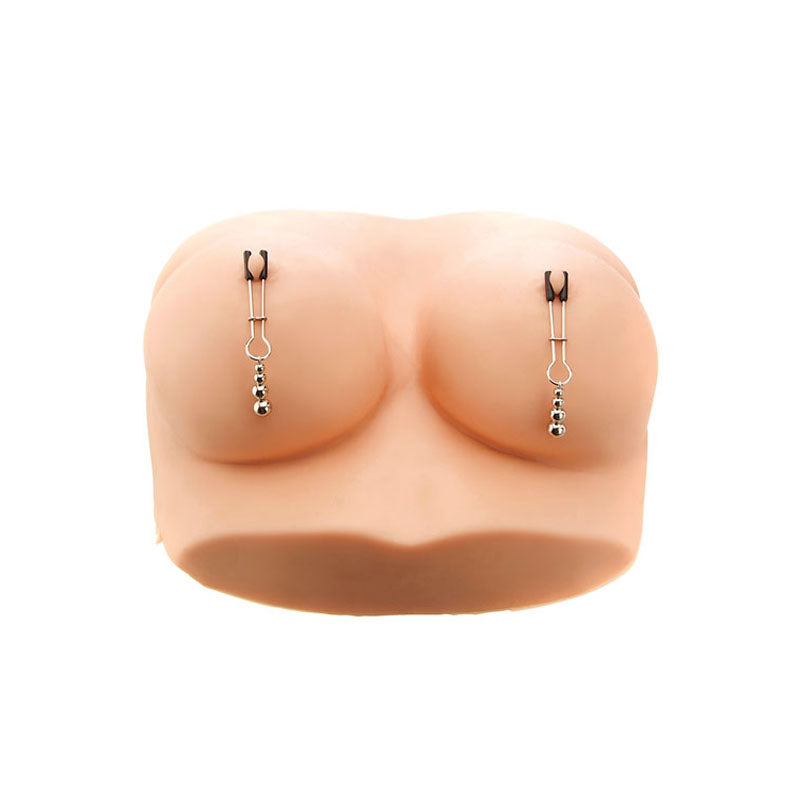 Adam & Eve Eve's Naughty Nipple Clips - Set of 2 on lifelike breasts with clamps and beads for intense stimulation.
