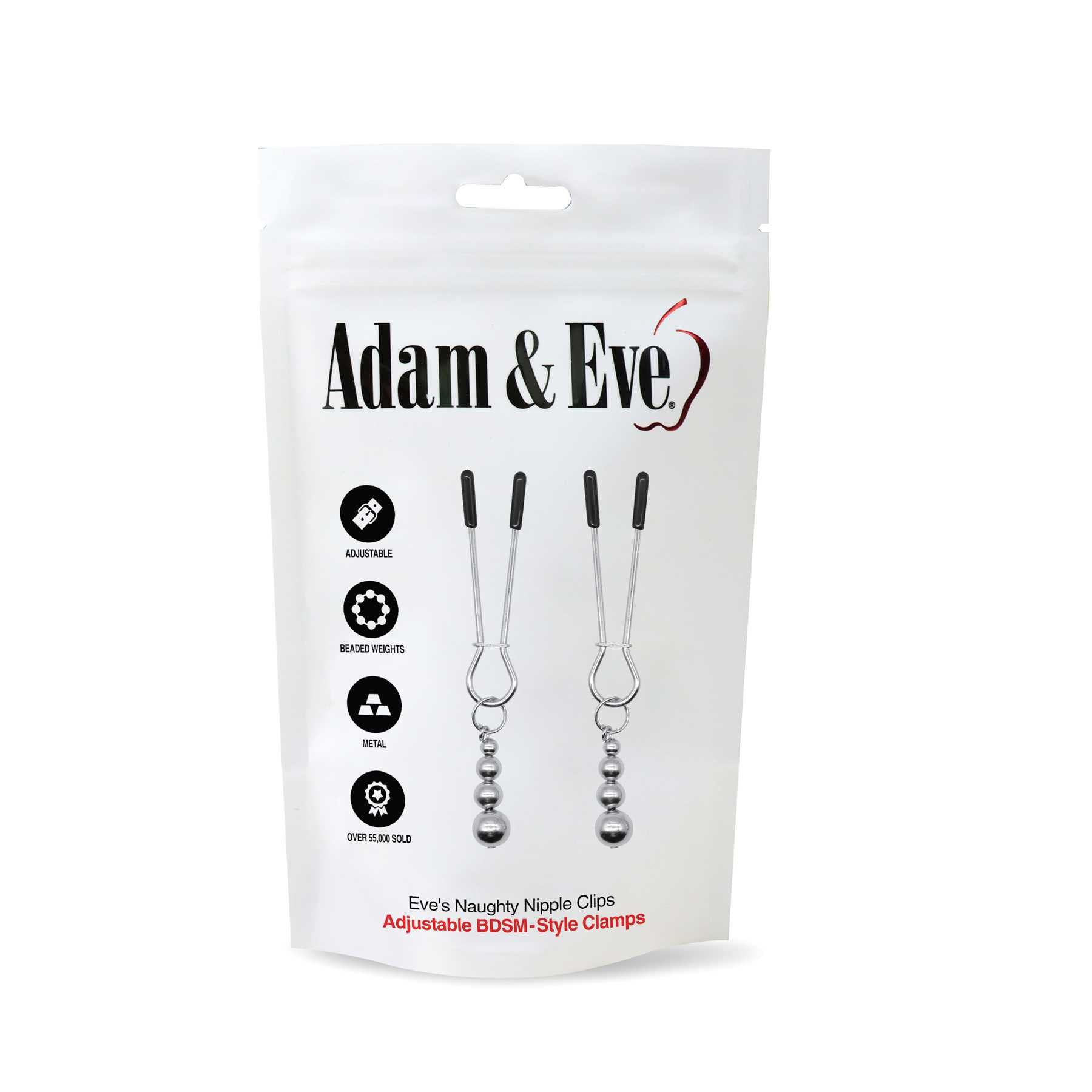Adam & Eve Eve's Naughty Nipple Clips - Set of 2 packaging featuring adjustable BDSM-style clamps.