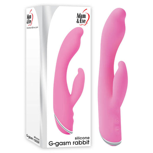 Adam & Eve G-Gasm Rabbit Vibrator in pink silicone, designed for dual pleasure and G-spot stimulation.