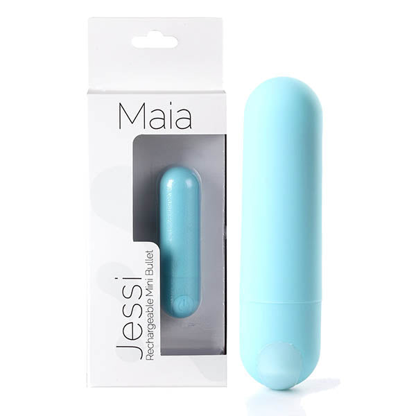 Maia Jessi Teal 7.6 cm USB rechargeable mini bullet vibrator packaging and product display.