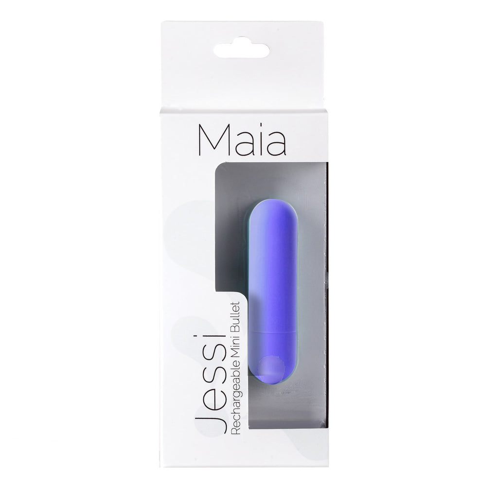 Maia Jessi USB rechargeable bullet vibrator packaging featuring a purple mini bullet design.