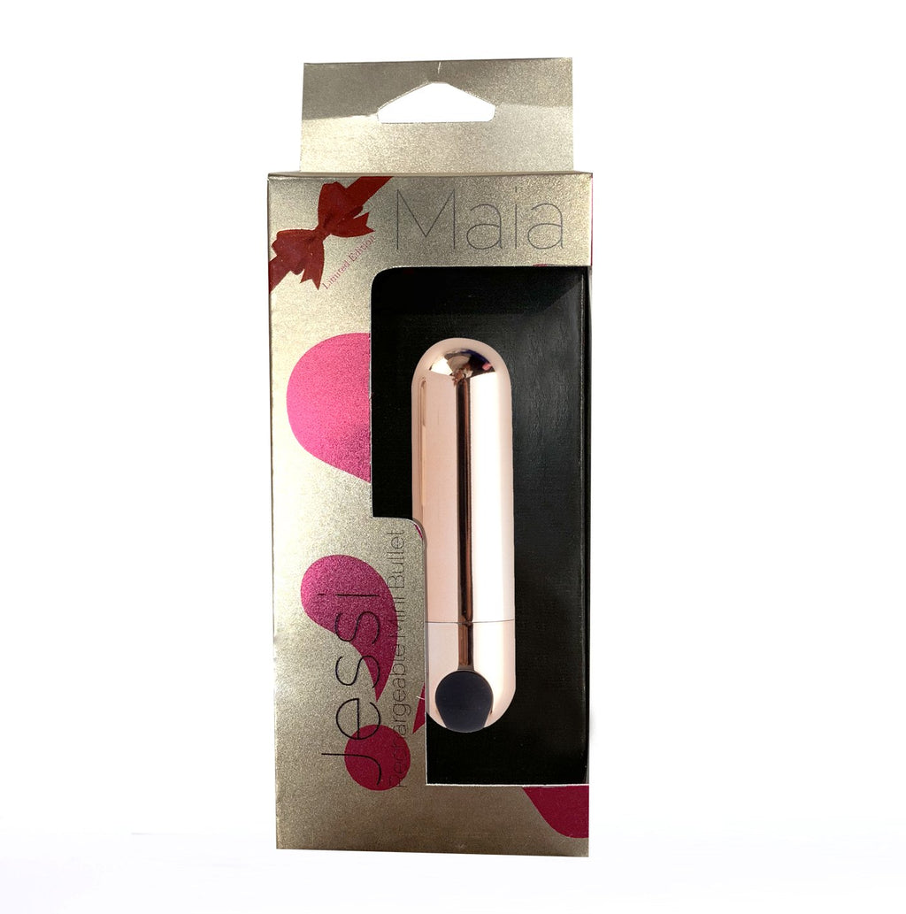 Maia Jessi USB rechargeable mini bullet vibrator in rose gold packaging.