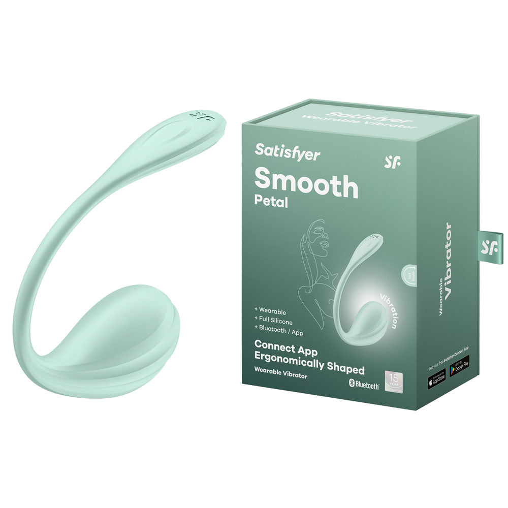 Satisfyer Smooth Petal - Mint - Mint USB Rechargeable Wearable Stimulator with App Control and packaging.