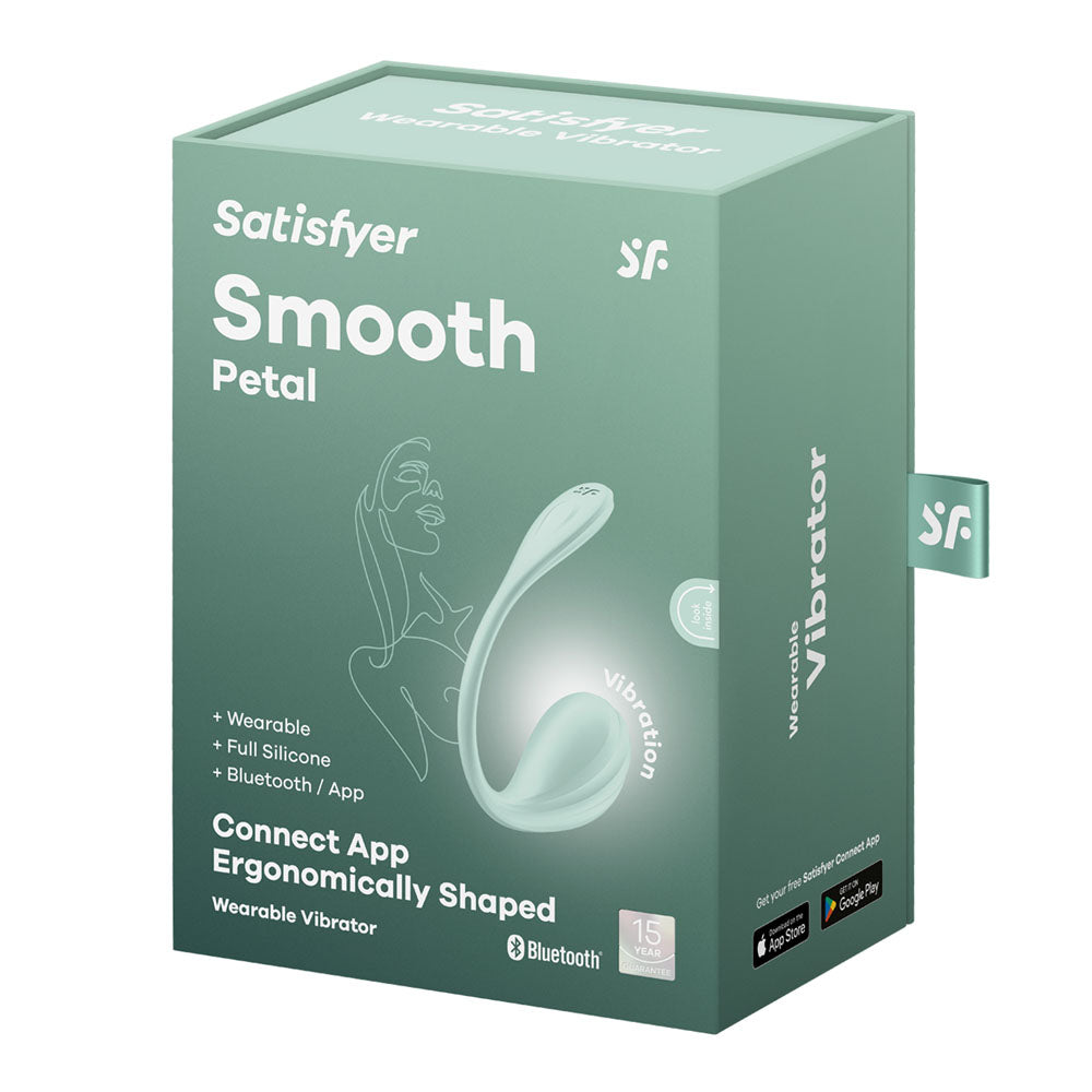 Satisfyer Smooth Petal - Mint - Mint USB Rechargeable Wearable Stimulator with App Control packaging image.