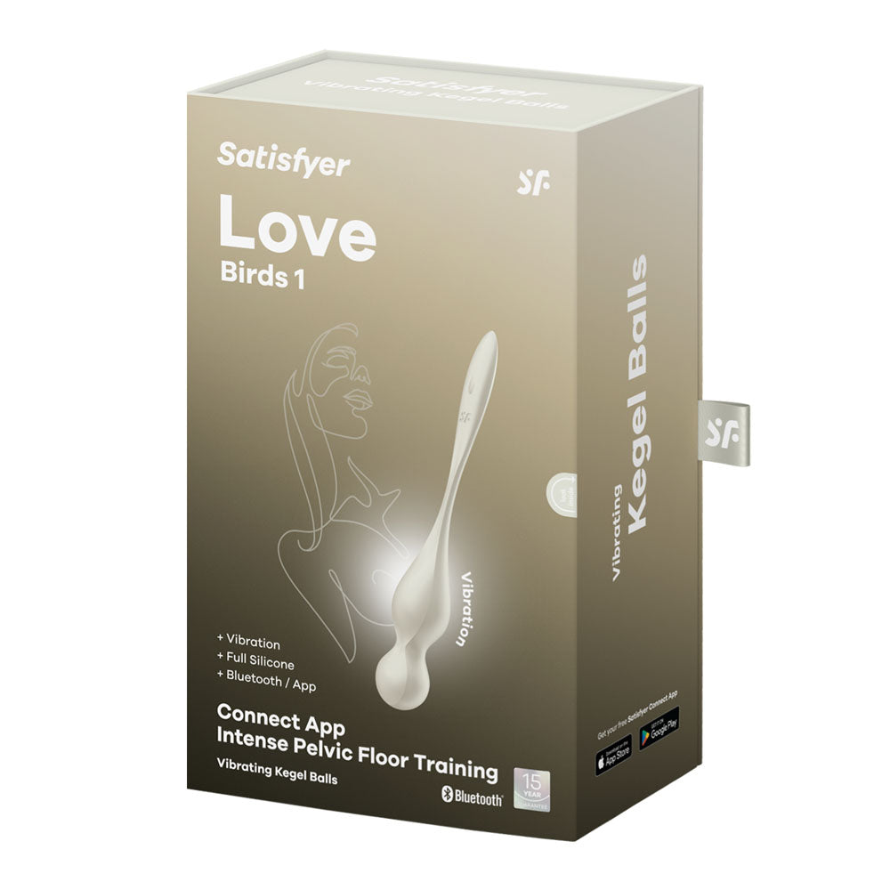 Satisfyer Love Birds 1 packaging featuring USB rechargeable pelvic floor trainer with app control and vibrating kegel balls.