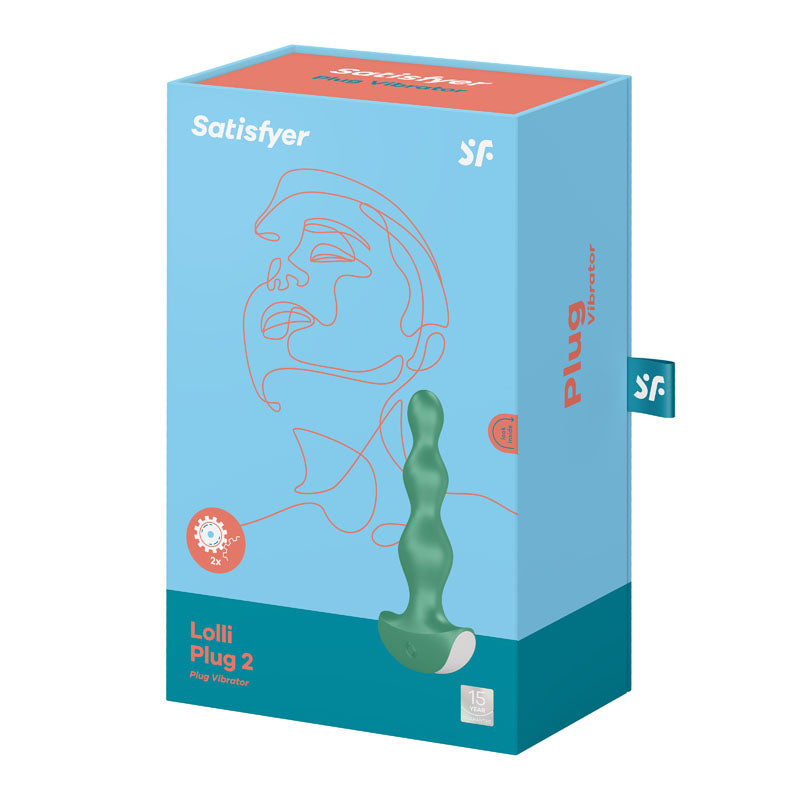 Packaging for Satisfyer Lolli-Plug 2, featuring vibrating anal beads for pleasure in a vibrant blue design.