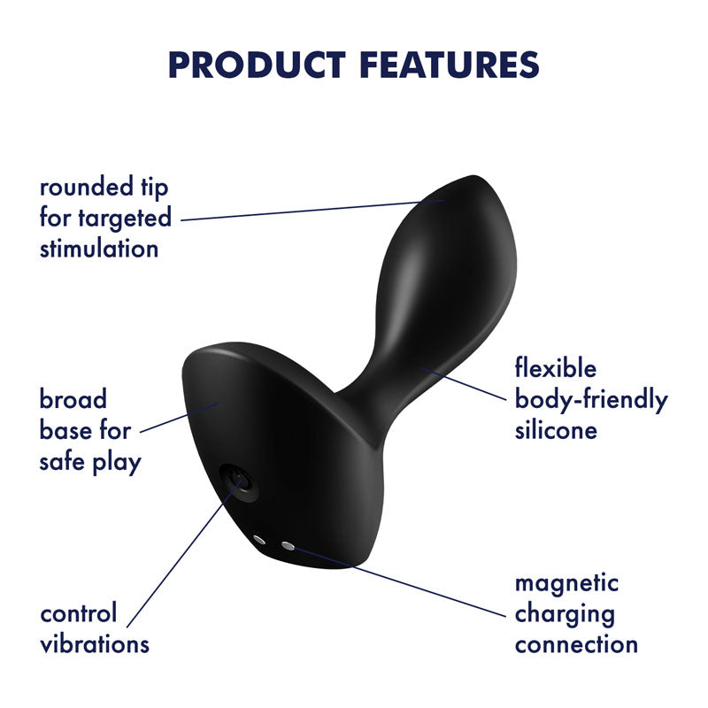 Product features of the Satisfyer Backdoor Lover rechargeable vibrating butt plug, highlighting its design and functionality.