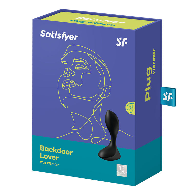 Satisfyer Backdoor Lover box featuring a rechargeable vibrating butt plug design and illustration.
