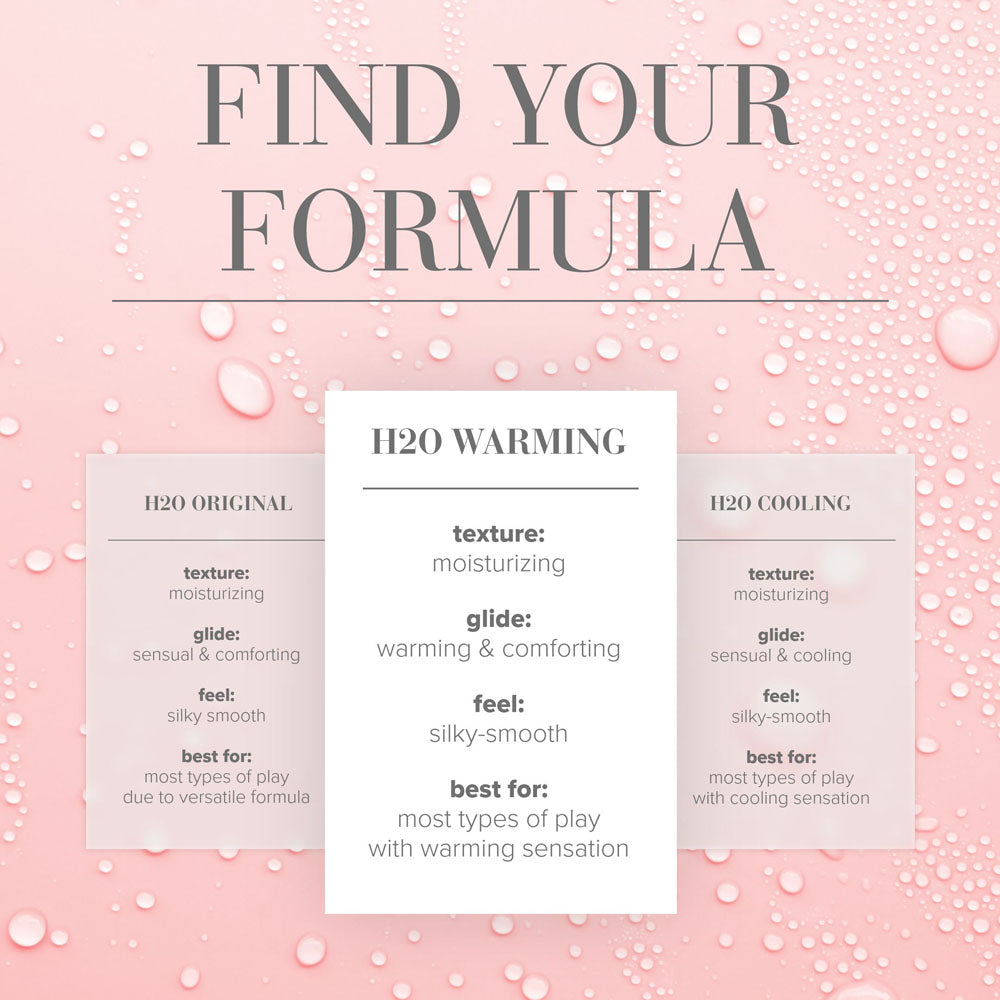 H2O warming and cooling lubricant comparison chart on pink background with water droplets.