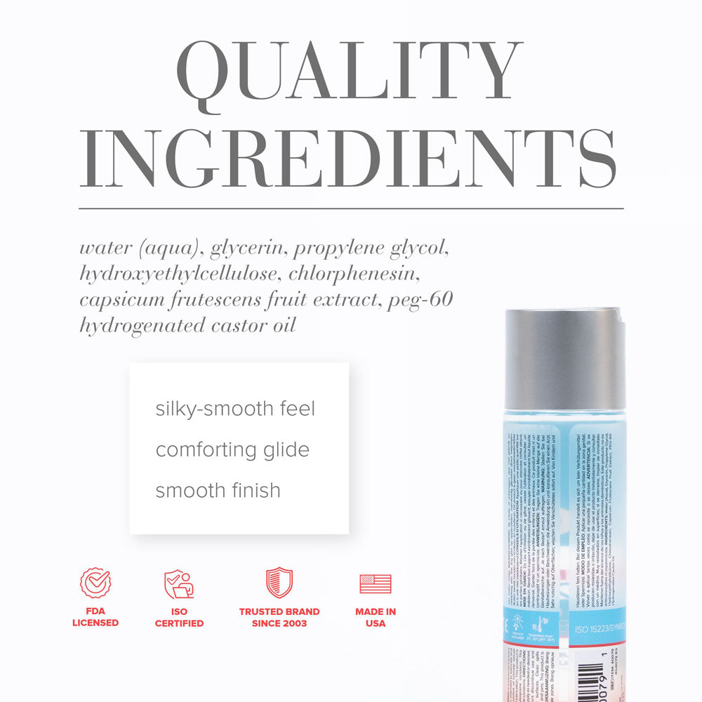 Quality ingredients for JO H2O Warming Lube including water based warming lubricant components.